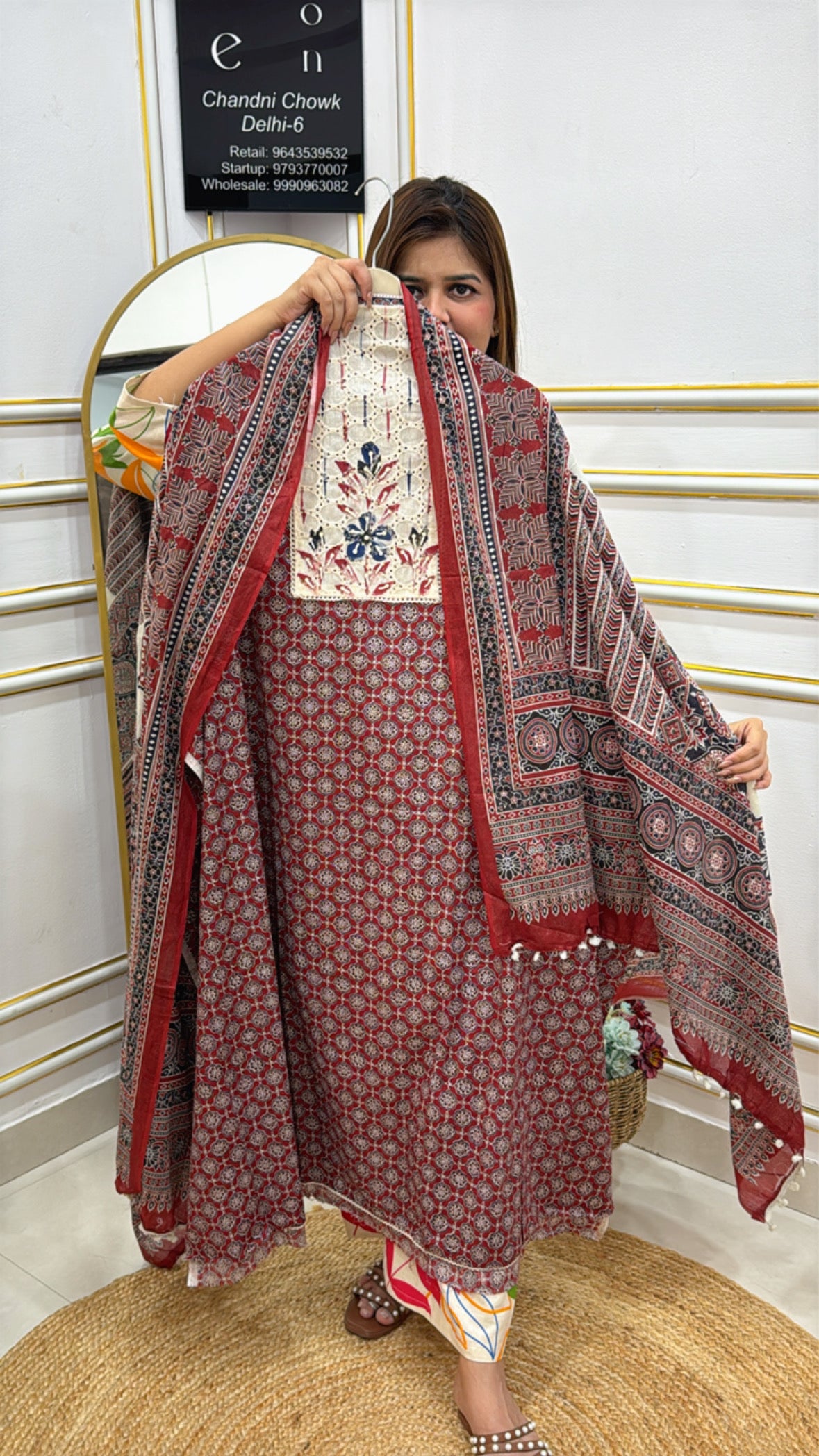 Elegant Grace Fashion Red and White Traditional Kurta with Embroidered Neckline and Matching Dupatta
